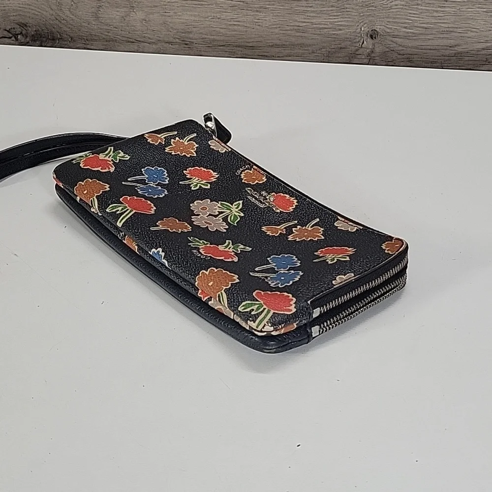 Coach Black Floral Leather Zip Wristlet